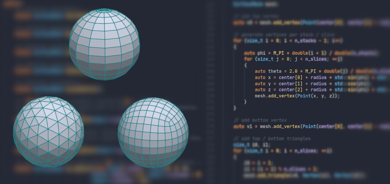 Spheres in front of blurry C++ code